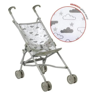 Glittery baby doll stroller with a gray frame, cloud-patterned fabric, and small wheels, promoting imaginative play.
