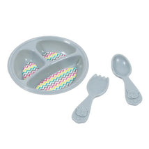 Gray three-section plate with a colorful zigzag design, accompanied by a bear-themed fork and spoon.