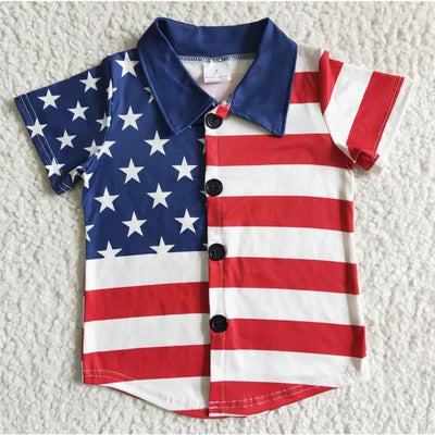 Red, white, and blue short-sleeve shirt for baby boys featuring a star and stripe design for July 4th celebrations.