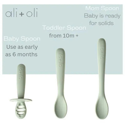 Three spoons from the Ali + Oli 3Pk Multi Stage Spoon Set: a baby spoon for 6 months+, a toddler spoon for 10 months+, and a mom spoon.