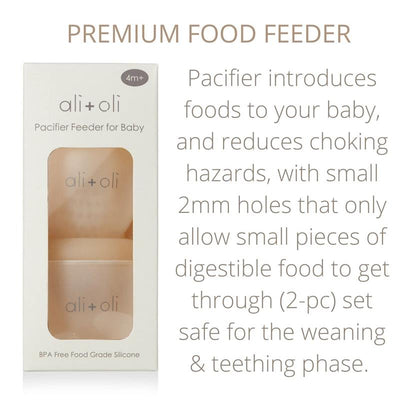 Pacifier feeder set by Ali + Oli for babies, promoting safe food introduction with BPA-free silicone and 2mm holes.
