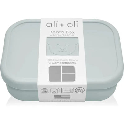Leakproof silicone bento box in Dream Blue with spill-proof lid, featuring three compartments, BPA-free, and food-grade.