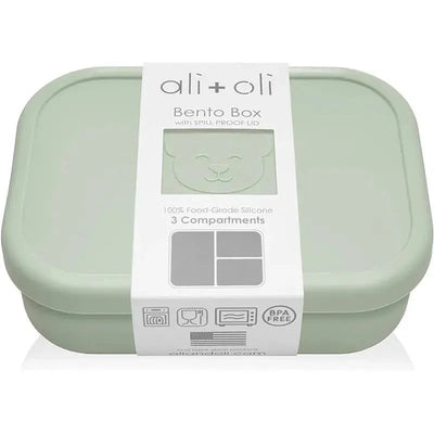 Leakproof silicone bento box in pine color, featuring three compartments and a spill-proof lid, marked BPA free.