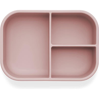 Reusable silicone bento box with three compartments, designed to be spill-proof and features a soft pink color.