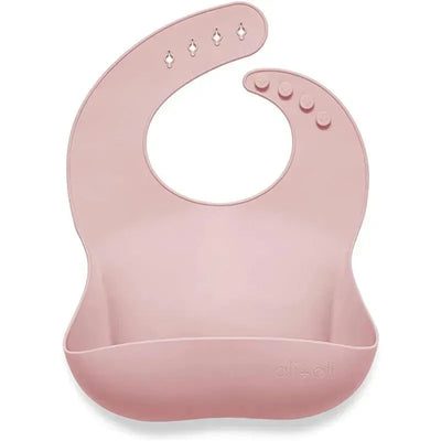 Silicone baby bib in true pink by Ali + Oli, featuring a wide catch pocket and adjustable neck closure.