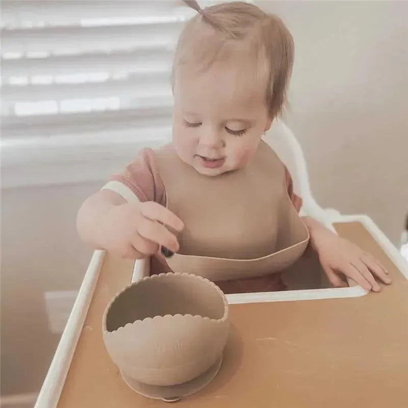 Ali + Oli Suction Bowl & Spoon (Taupe) Wavy Edge Image 3