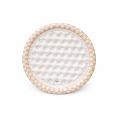 Small inflatable pool for kids, 35 inches in diameter, featuring a tan checkerboard border and textured white interior.