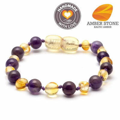 Amber Stone Baltic Amber & Amethyst Bracelet featuring a mix of round and oval beads in amber and amethyst shades.