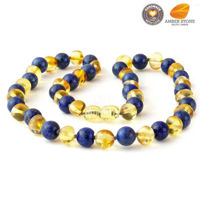 Amber Stone Baroque Baltic Amber & Lapis Lazuli necklace featuring a mix of amber and lapis lazuli beads.