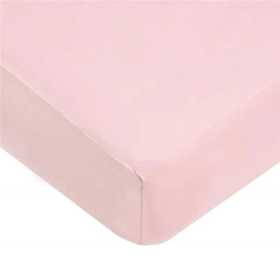 100% cotton pink knit jersey fitted crib sheet, showing a close-up of its soft fabric and fitted edges.