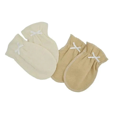 Two pairs of organic cotton baby mittens in natural and mocha colors, featuring decorative bows on the top.