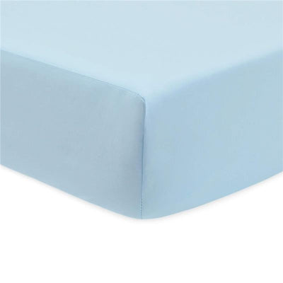Percale crib sheet in light blue, featuring smooth edges and a soft texture, designed for infant bedding.