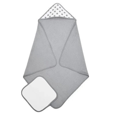 Grey terry hooded towel with polka dot lining and matching white washcloth set for babies.