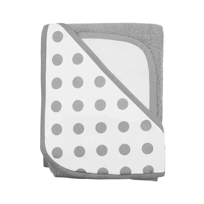 Grey Terry Hooded Towel with a polka dot design, featuring a soft texture for bathing infants and toddlers.