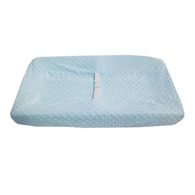 Light blue fitted contoured changing pad cover with textured minky dot design, suitable for baby changing tables.