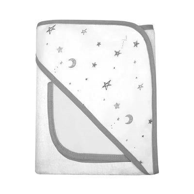 Hooded baby towel in gray with a star and moon pattern, featuring a soft, absorbent fabric for bathing.