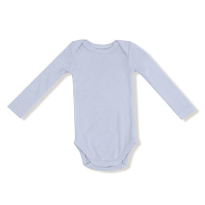Light blue long-sleeve lap shoulder onesie for babies, featuring ribbed fabric and a comfortable design.