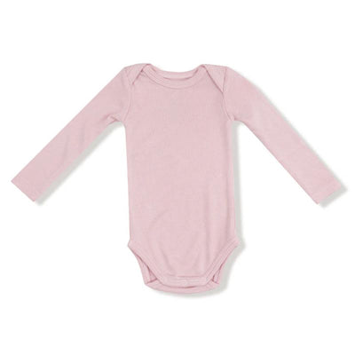 Baby Basics Lap Shoulder Bodysuit in soft pink, featuring long sleeves and snap closure at the bottom.