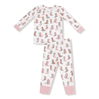 Baby girl long sleeve loungewear set featuring a cowboy boot print on a white background, with pink cuffs.