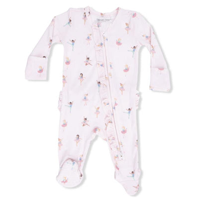 Petite pink footie with ruffle front, featuring a ballet dancer print, designed for baby girls with a zipper closure.