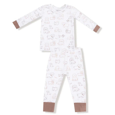 Long sleeve white loungewear set featuring playful dog illustrations, with brown-trimmed sleeves and pants.