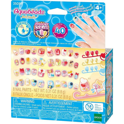 Aquabeads Hearts & Ribbons Nail Refill Kit with 40 colorful nail parts, featuring hearts, ribbons, and decorative designs.