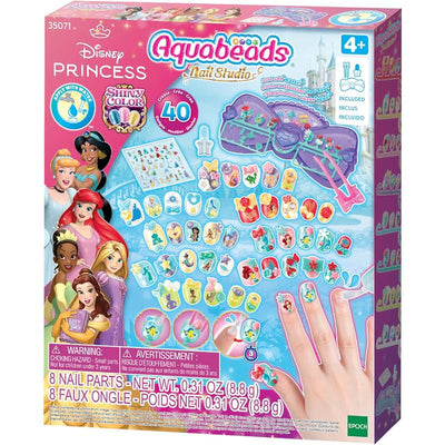 Aquabeads Nail Studio kit featuring Disney Princess designs, includes 40 colorful nail pieces and application accessories.