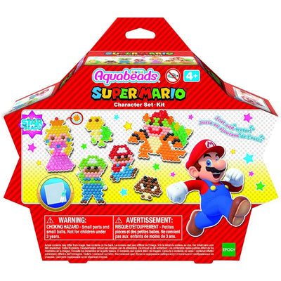 Aquabeads Super Mario Character Set featuring Mario, Princess Peach, Bowser, and various others made of colorful beads.