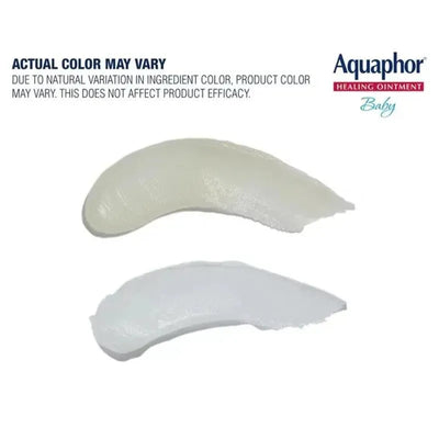 Aquaphor Baby Healing Ointment swatches showing two different colors of the ointment with a note on color variation.