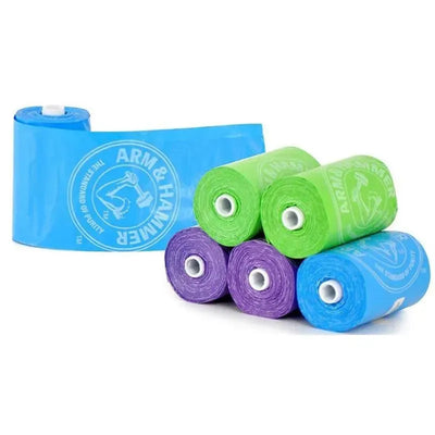 Arm & Hammer Bag Refills 6-pack featuring blue, green, and purple waste bag rolls, designed for pet clean-up.