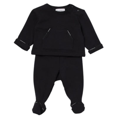 Black newborn boy onesie overall set featuring a long-sleeve top with a pocket and matching footed pants.