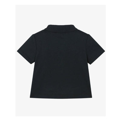 Navy short sleeve polo shirt for baby boys with a collar and a printed pocket detail.