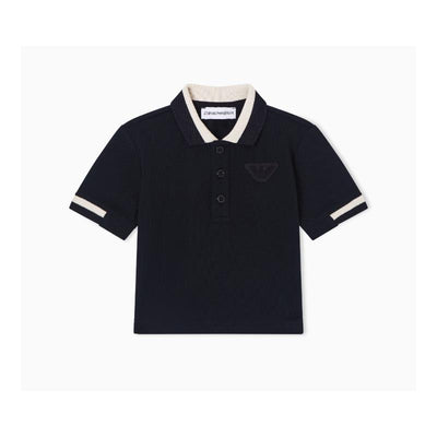 Navy short sleeve polo shirt for baby boys featuring a buttoned placket and contrasting collar trim.