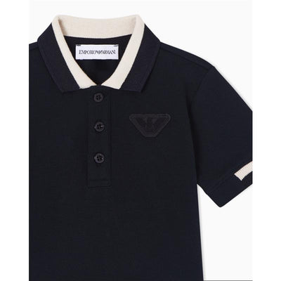 Navy short sleeve polo shirt for baby boys by Armani, featuring a collar with contrasting trim and logo detail.