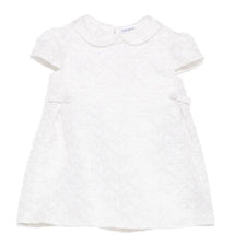 Pink baby girl dress by Armani with bows, featuring short sleeves and a rounded collar.