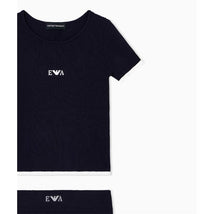 Navy short sleeve pleated dress for baby girls, featuring a stylish design with a prominent brand logo.
