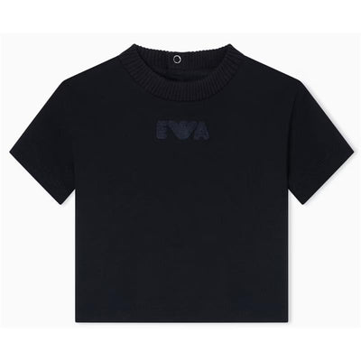 Short-sleeve navy t-shirt for boys featuring the Armani EA logo in a subtle design on the front.