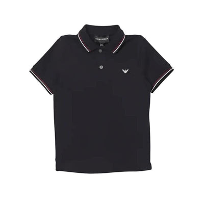 Navy short sleeve polo shirt for boys by Armani Baby, featuring a collar, three buttons, and a logo on the chest.