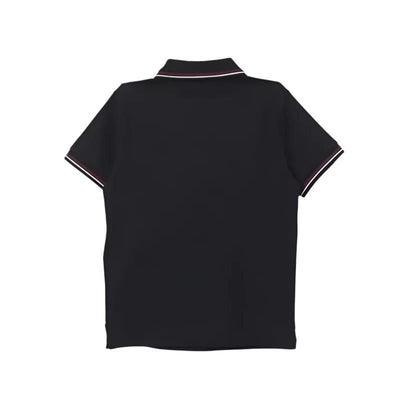 Navy short sleeve polo shirt for boys by Armani Baby, featuring a classic collar and contrasting striped details.