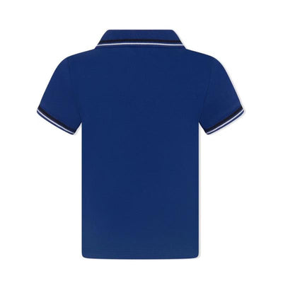Blue short-sleeve polo shirt for baby boys with contrasting striped collar and cuffs.