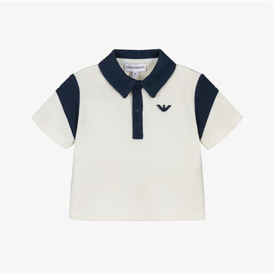 White and blue Armani baby boy polo shirt featuring a collared neckline and short sleeves with a logo on the chest.