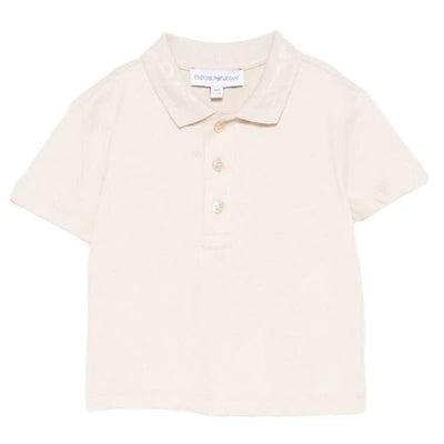 Short sleeve polo shirt for baby boys in oak color, featuring a collared neck and three button closure.