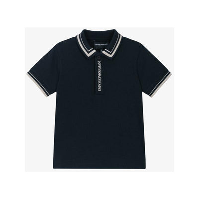 Boys short sleeve navy polo shirt by Armani Baby with contrasting collar and embroidered logo on the placket.