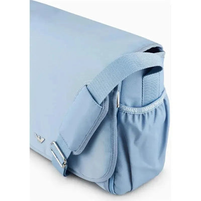 Armani Baby sky blue mummy bag set featuring an adjustable strap and an eagle plate detail.