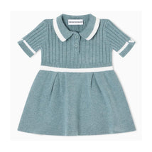 Short sleeve collared dress for girls by Armani, featuring a ribbed texture in a burnished teal color with white detailing.