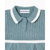 Collared short sleeve dress from Armani Baby in a burnished green color, featuring ribbed texture and white accents.