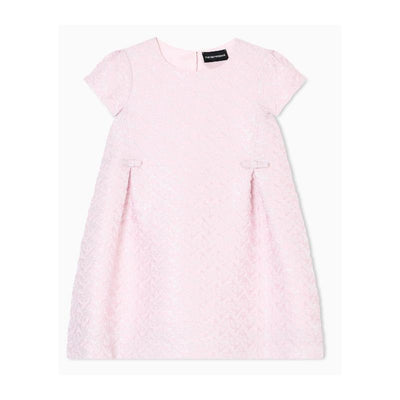 Short sleeve pink dress for girls by Armani Baby, featuring bows at the waist and a textured fabric design.