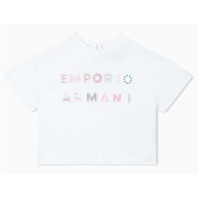 Armani Baby Girl Short Sleeve Logo T-Shirt, White Image 1