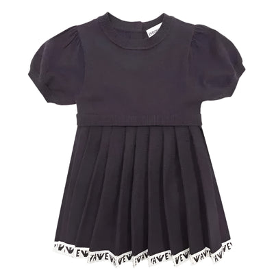 Navy short sleeve pleated dress for girls by Armani Baby, featuring puffed sleeves and a branded hem.