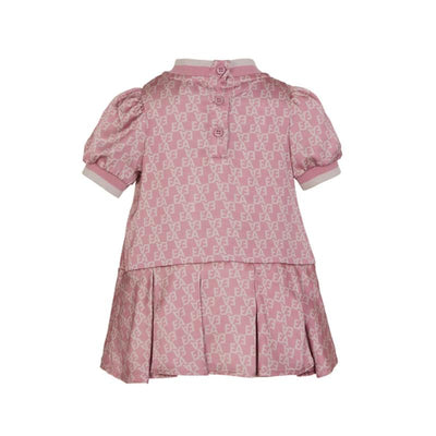 Pink short sleeve dress for baby girls by Armani, featuring a logo pattern and pleated skirt.